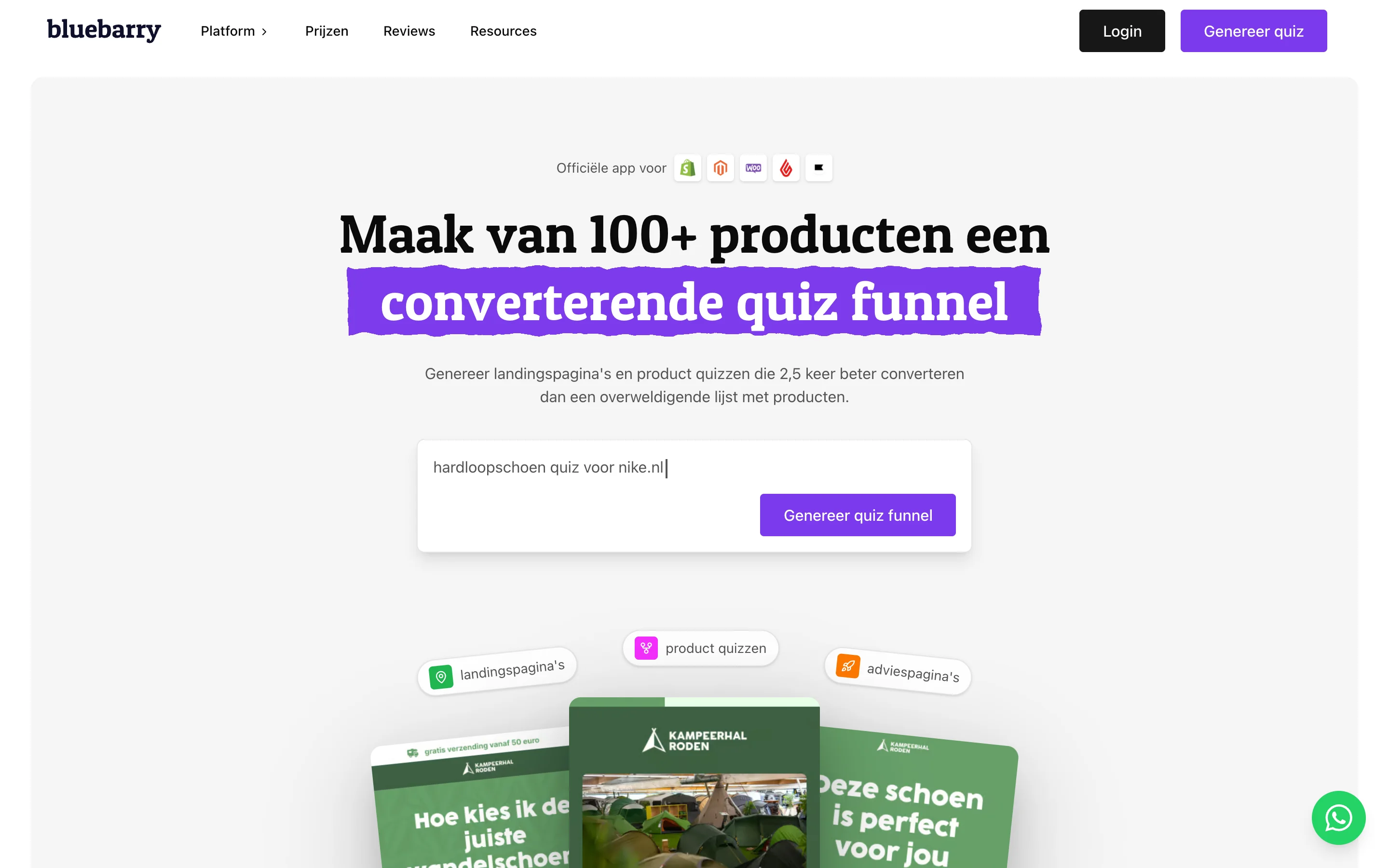 De homepage van Bluebarry, een platform voor het bouwen van keuzehulpen