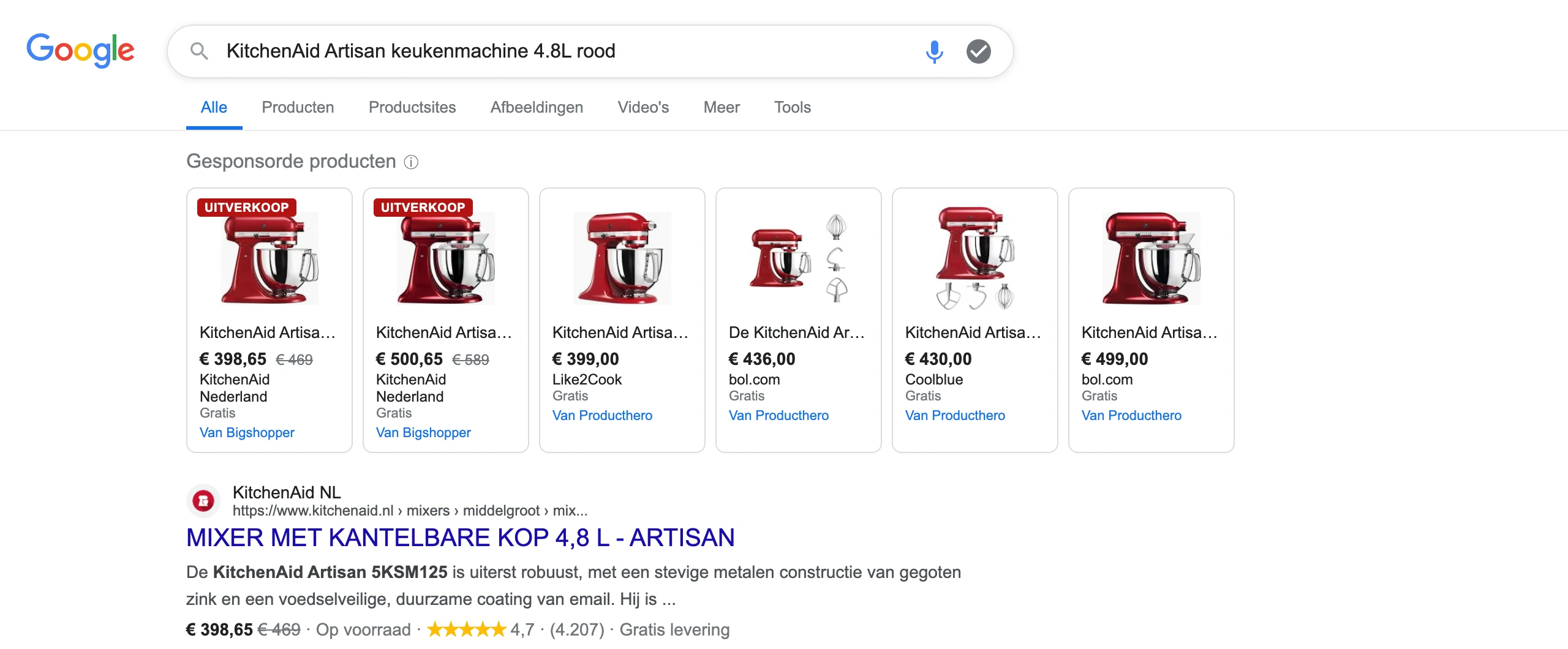 Productpagina zoekresultaten in Google